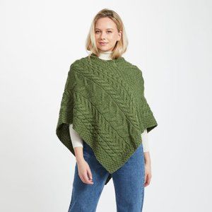 Aran Woollen Mills Aasleagh Falls Ladies Aran Poncho-Meadow Green Merino Wool